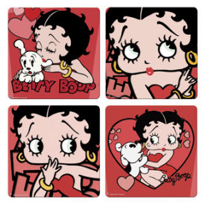Classic Betty Boop Coasters, Set of Four. From the Betty Boop collection. Betty Boop Coasters. Includes four assorted square shaped, naturally absorbent ceramic coasters in the Betty Boop themes shown. Each coaster has a natural cork backing to protect fu