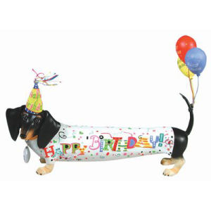 From the Hot Diggity Dog Collection. Dachshund figurine titled Woopie Weiner. Made of resin. Measures 4 inches high.