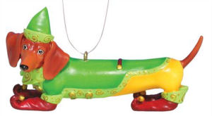 From the Hot Diggity Dog Collection. Dachshund Christmas Elf Weiner Ornament. Made of resin. Measures 1.75 Inches high.