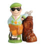 From the Westland Giftware Mwah! Collection. Golfer and Clubs Salt and Pepper Shakers. These sets are held together with magnets. Made of ceramic with glossy finish. Measures 3.25 Inches high. Hand wash only.