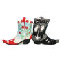 From the Westland Giftware Mwah! Collection. Cowboy Boots Salt and Pepper Shakers. These sets are held together with magnets. Made of ceramic with glossy finish. Measures 3.25 Inches high. Hand wash only.