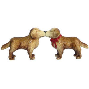 From the Westland Giftware Mwah! Collection. Golden Retrievers Salt and Pepper Shakers. These sets are held together with magnets. Made of ceramic with glossy finish. Measures 3.25 Inches high. Hand wash only.