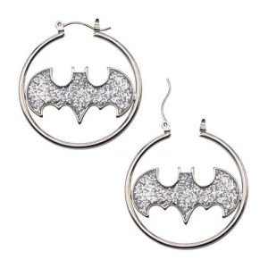 Batman Logo Silver Color Cut Glitter Hoop Earrings