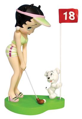 From the Betty Boop Collection. Betty Boop Sculpture titled Golfer Betty. Features Betty Boop ready to take a swing with Pudgy. Made of solid resin. Measures 7 Inches tall.