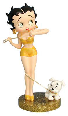 From the Betty Boop Collection. Betty Boop Sculpture titled Gold Lingerie Betty. Features Betty Boop her sexy Gold lingerie walking Pudgy. Made of solid resin. Measures 4.75 Inches tall.
