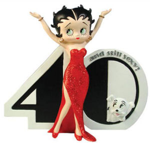Westland Giftware Betty Boop Collection. Betty Boop Sculpture titled Sexy at 40. Reads  40 and still sexy!  Also features her dog Pudgy. Made of solid resin. Measures 4.75  tall.