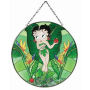 From The Betty Boop Garden collection. Betty Boop Garden Suncatcher. Features Betty Boop as Eve with an apple. Made of clear resin and metal. 6 Inch Diameter