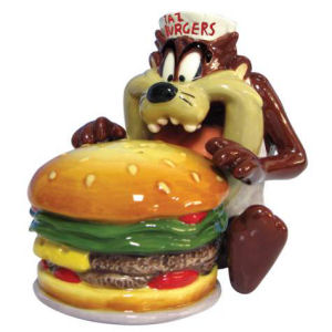 Warner Brothers Looney Tunes Taz eating Burger Salt and Pepper Shakers