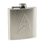 From the Star Trek Collection by Vandor. Star Trek 6 Ounce Stainless Steel Flask. Beautiful embossed flask has a secure, latched screw-top lid and is packaged in a black linen gift box. Hand wash recommended.