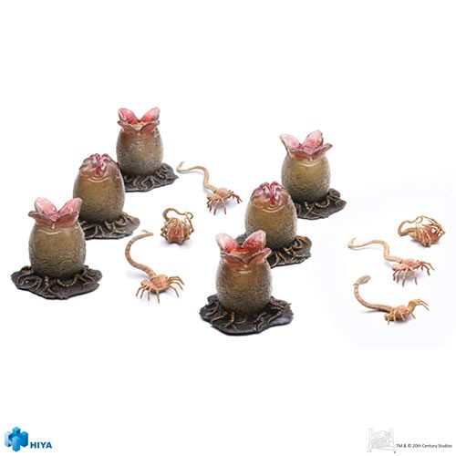 Alien Eggs And Facehugger Exclusive Figure Set. Originally designed by H.R. Giger in his signature biomechanical style, and sculpted in 1/18 scale, this set features six ovomorphs (xenomorphs eggs) in various stages of release, as well as three facehugger