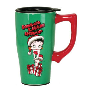 Betty Boop Santas Litte Helper Travel Mug with Handle. This 14 ounce double-walled ceramic travel mug is is both microwave and dishwasher safe.