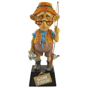 Coots Gone Fishin Bobble Figurine. Says Gone Fishin on the base.  The Old Coots Collection, based on illustrations by artist Mike Dowdall. Measures 6.5 Inches High.