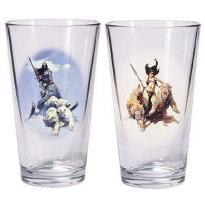 Frazetta Silver Warrior and The Huntress Pint Glass Set.  Glasses hold 16 ounces.