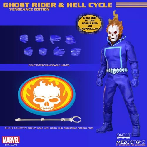One:12 Collective Ghost Rider And Hell Cycle Vengeance Edition Exclusive Action Figure. Craving vengeance against sinners, Ghost Rider wields multiple weapons including his lethal Hellfire Chain as well as a posable, real metal chain, and more. 