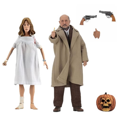 Halloween 2 Doctor Loomis and Laurie Strode 8 Inch Scale Action Figure 2-Pack. They come complete with pistols, an interchangeable hand, and a pumpkin based on the movie poster artwork. Figures are highly detailed and fully poseable