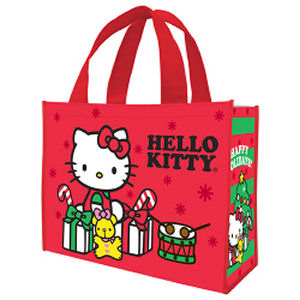Hello Kitty Happy Holidays Large Gift Tote. The large recycled gift tote is earth-friendly (made of 25% recycled materials), strong and water resistant. Mearuse 16 Inches L X12 Incehs H X 6  Inches Wide.