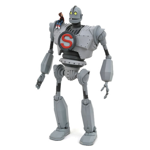 Iron Giant Select Action Figure. Figure features approximately 16 points of articulation. Has light-up eyes, removable Hogarth Hughes and S Shield accessories.