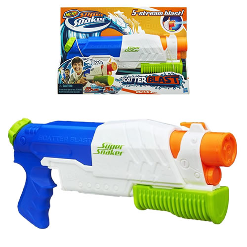 Nerf Super Soaker Scatterblast Blaster. It can hold up to 22 ounces of water and you can use the flip-up sight to perfect your aim. Line up your shot, then slide the pump handle forward and pull it back to unleash a scatter-spray attack at unsuspecting op