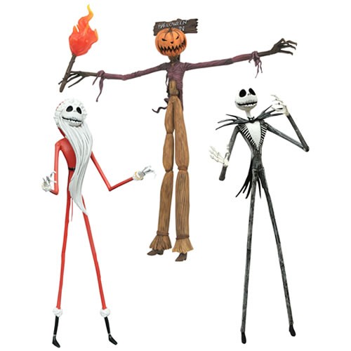 The Nightmare Before Christmas Jobs Of Jack Skellington 7 Inch Scale Action Figures Box Set. This box set of 7 Inch scale action figures includes a classic Jack, Jack as the Pumpkin King, and Jack as Sandy Claws!