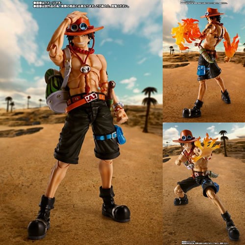 One Piece Portgas D. Ace (Fire Fist) S.H.Figuarts Action Figure. Includes; Main body, 5 optional left hand and 4 optional right hand parts, 4 optional expressions, optional hat set, fire effect set, backpack, cloth robe, cloth scarf, [Bonus Parts] Optiona