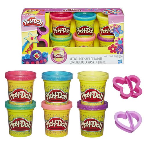 Play Doh Sparkle Compound Collection. Contains 6 colours and two cutters.