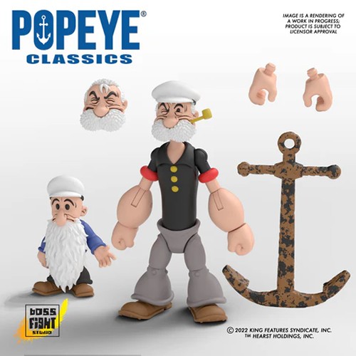 Popeye Poopdeck Pappy 1/12th Scale Popeye Classics Action Figure. Poopdeck Pappy includes hat, alternate head, alternate hands, anchor, and his accomplice, Pooky Jones.