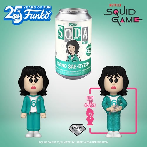 Squid Game Kang Sae-Byeok Vinyl Soda Figure. Included with each SODA can is a 4.25 inch vinyl figure and a collectible disc both with a 1 in 6 chase variant!