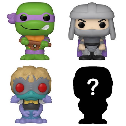 Teenage Mutant Ninja Turtles Bitty Pop! Donatello 4-Pack. This 4-pack includes Bitty Pop! Donatello, Bitty Pop! Shredder, Bitty Pop! Baxter Stockman, and a mystery Bitty Pop! figure. The possible mystery Bitty Pops! are Hyper Rare (1/6) Casey Jones,
