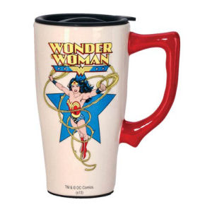 Wonder Woman White Travel Mug with Handle. This 14 ounce double-walled ceramic travel mug is is both microwave and dishwasher safe.